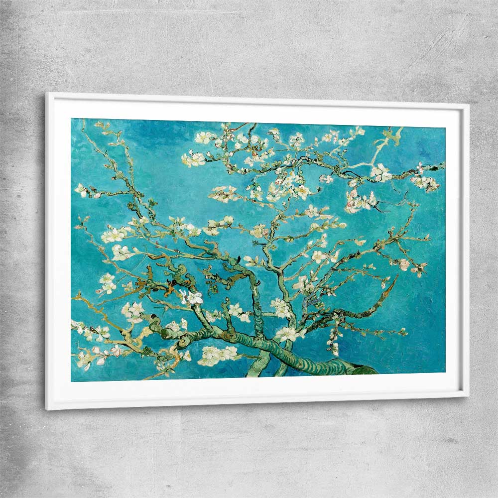 Classic wall art and canvas print of Almond Blossom Van Gogh with white glass front frame