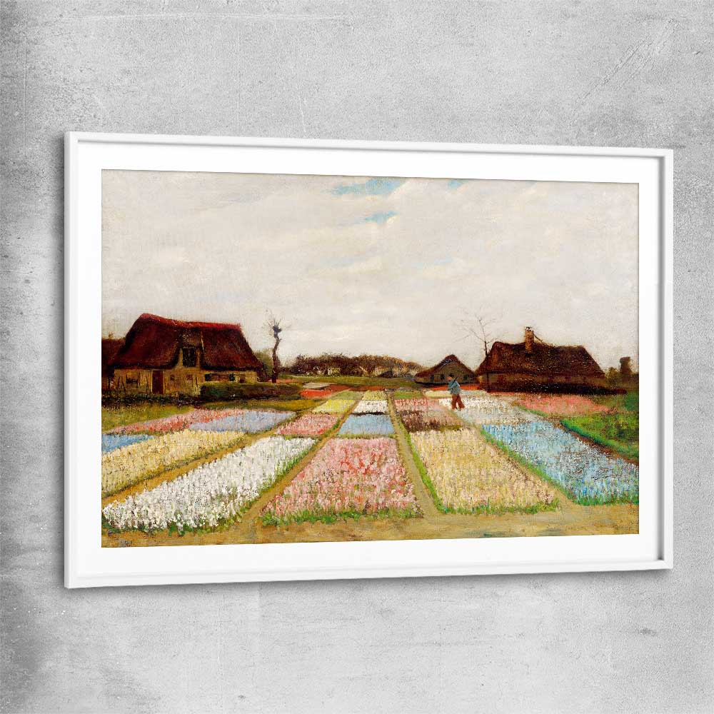 Classic wall art and canvas print of Bulb Fields Van Gogh with white glass front frame