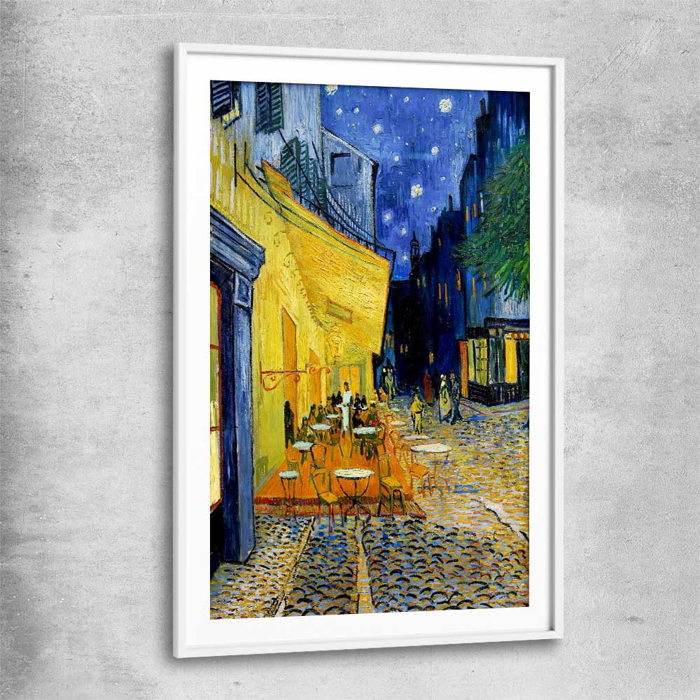 Classic wall art and canvas print of Cafe Terrace Van Gogh with white glass front frame