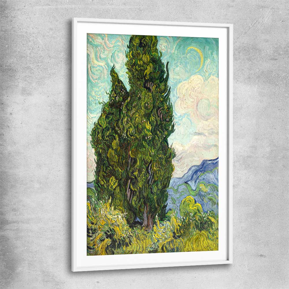 Classic wall art and canvas print of Cypresses Van Gogh with white glass front frame