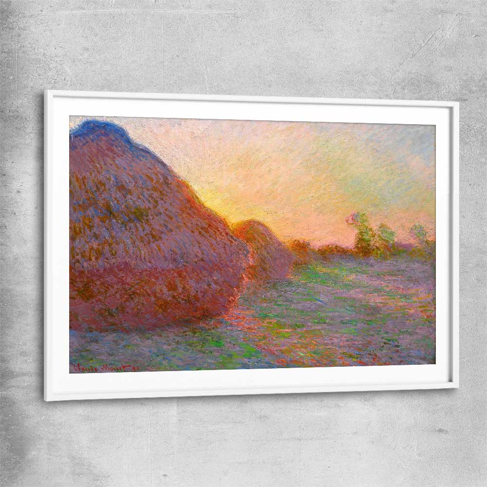 Classic wall art and canvas print of Haystacks Claude Monet with white glass front frame