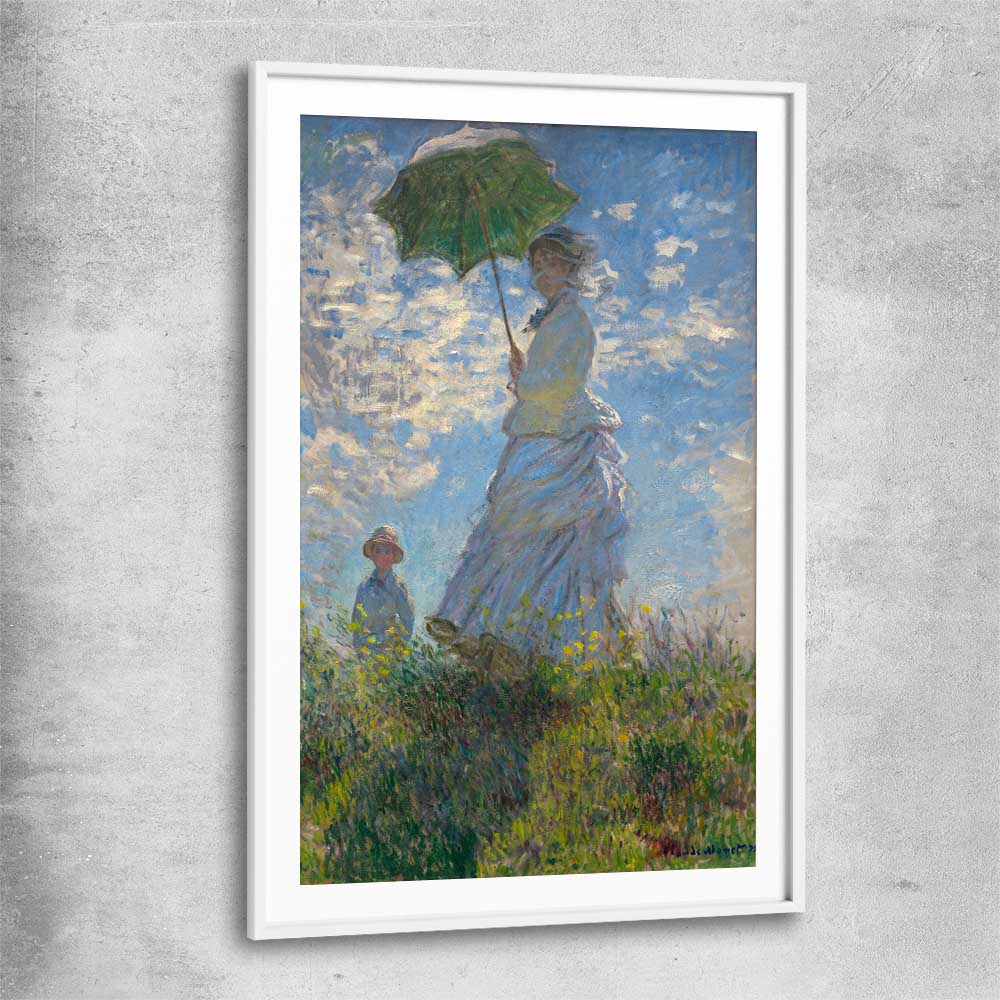 Classic wall art and canvas print of Madame Monet Claude Monet with white glass front frame