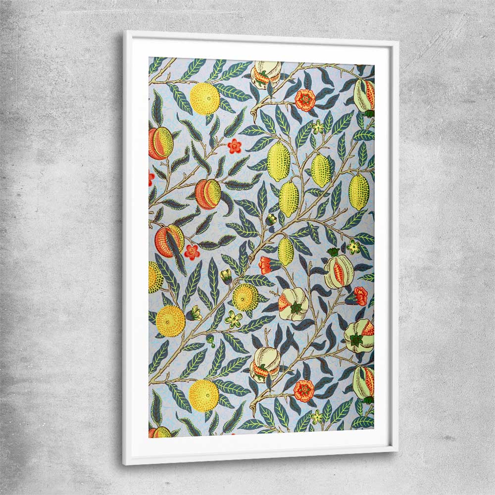 Classic wall art and canvas print of Pomegranate William Morris with white glass front frame