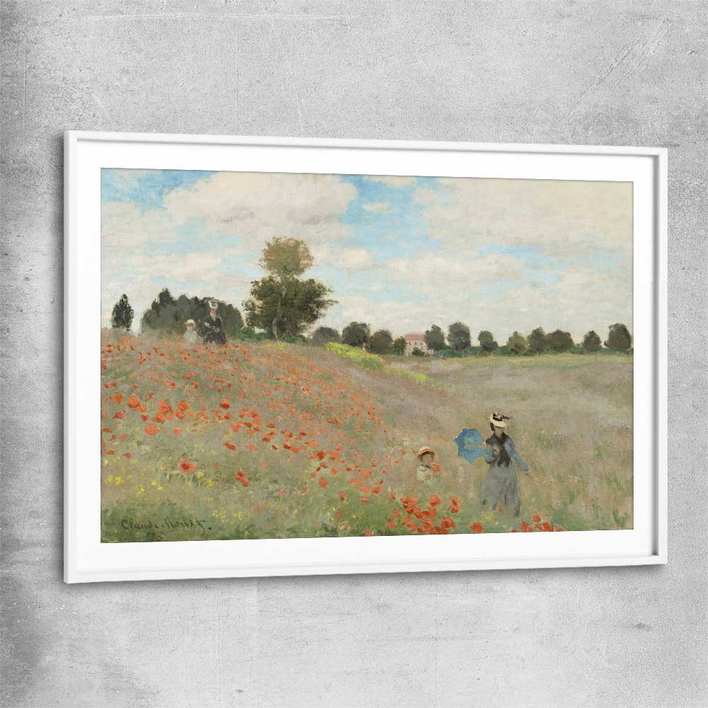 Classic wall art and canvas print of Poppy Field Claude Monet with white glass front frame
