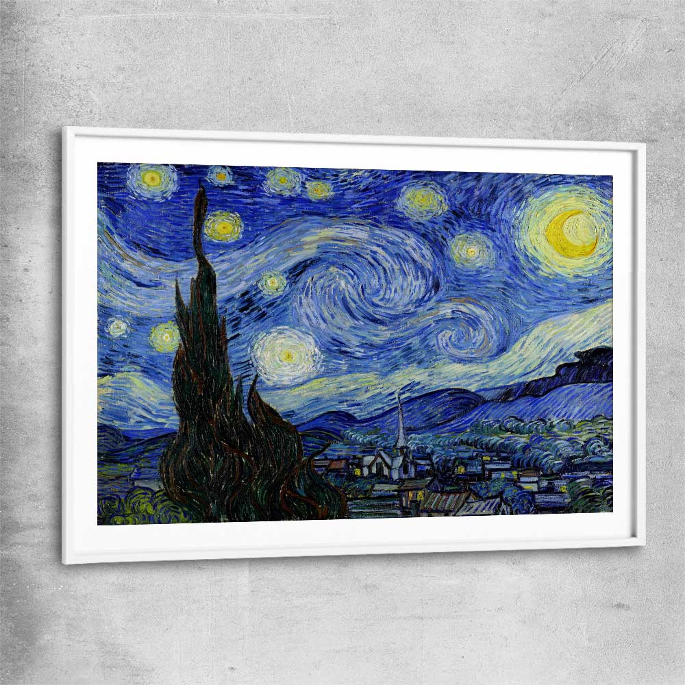 Classic wall art and canvas print of Starry Night Van Gogh with white glass front frame