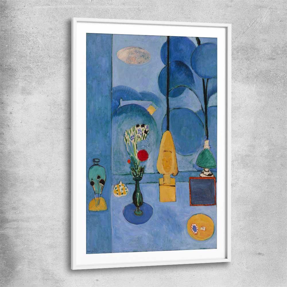Classic wall art and canvas print of The Blue Window Henri Matisse with white glass front frame