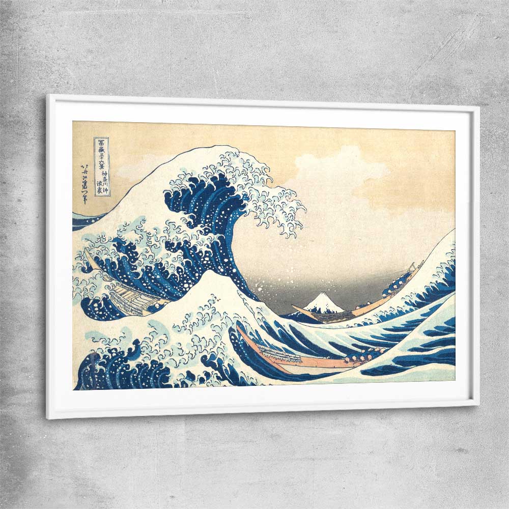 Classic wall art and canvas print of The Great Wave Hokusai with white glass front frame