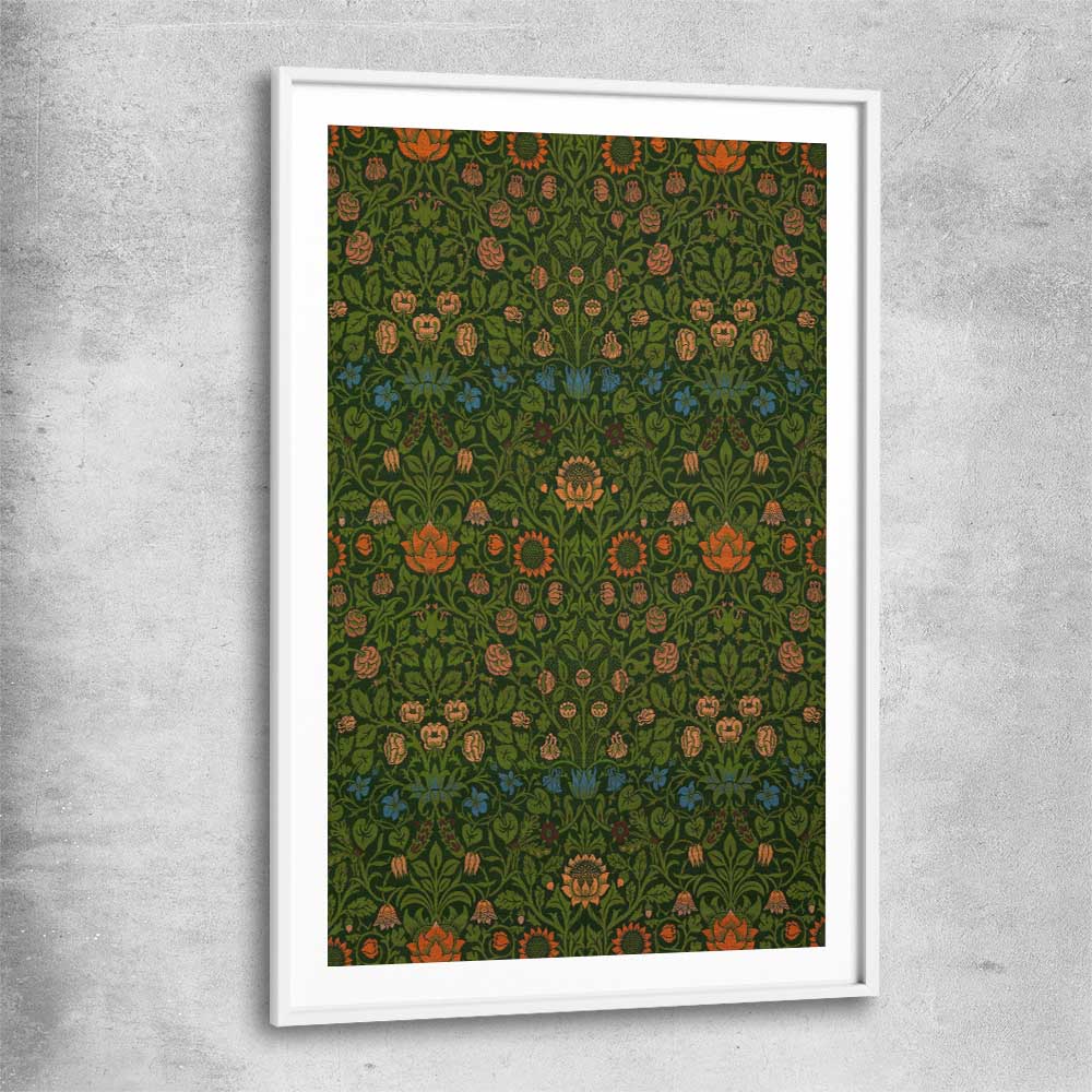 Classic wall art and canvas print of Violet Columbine William Morris with white glass front frame