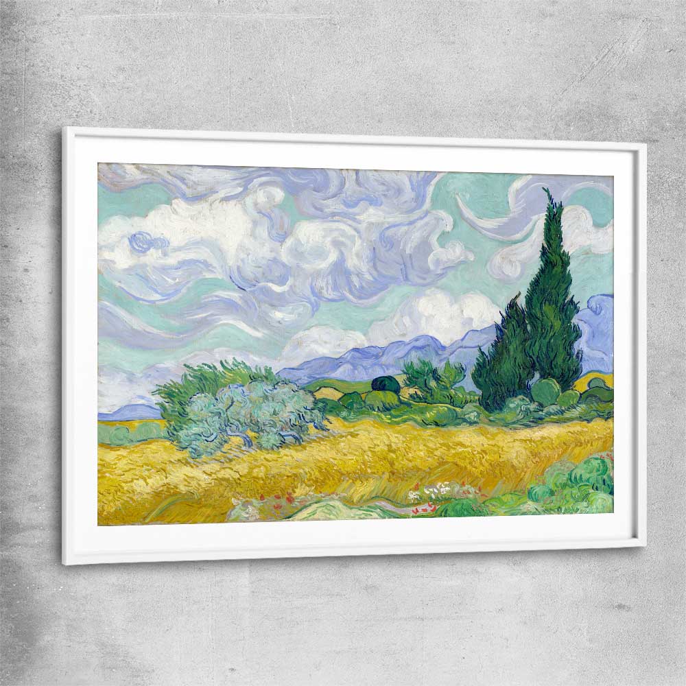 Classic wall art and canvas print of Wheatfield Van Gogh with white glass front frame