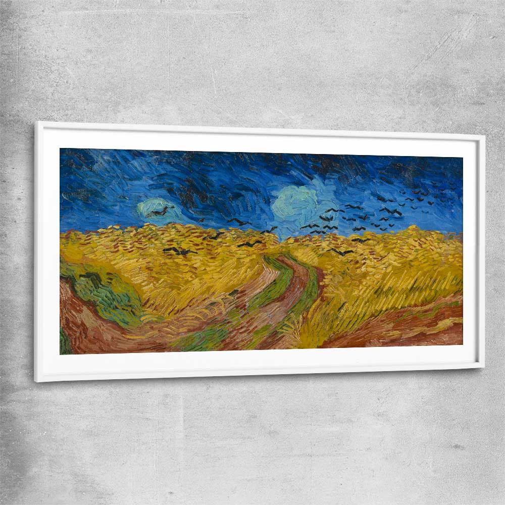 Classic wall art and canvas print of Wheatfield with Crows Van Gogh with white glass front frame