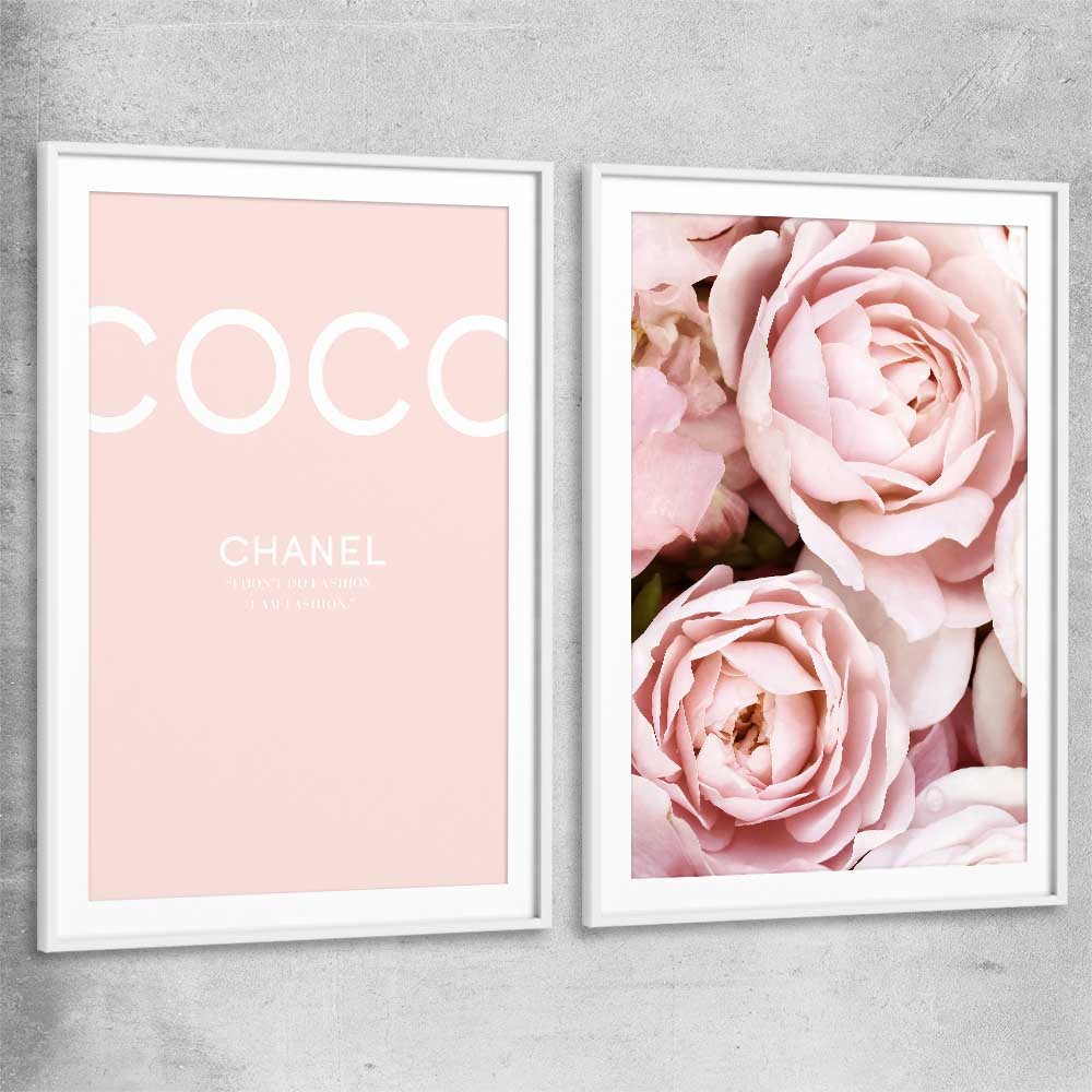 Coco Pink Pair white glass front frame - part of our high quality fashion canvas wall art and prints collection