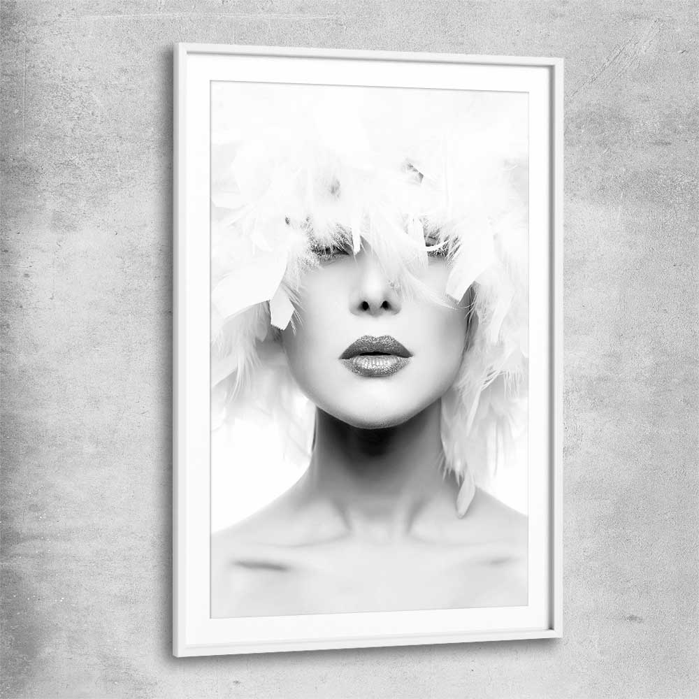 Feather Lips white glass front frame - part of our high quality fashion canvas wall art and prints collection