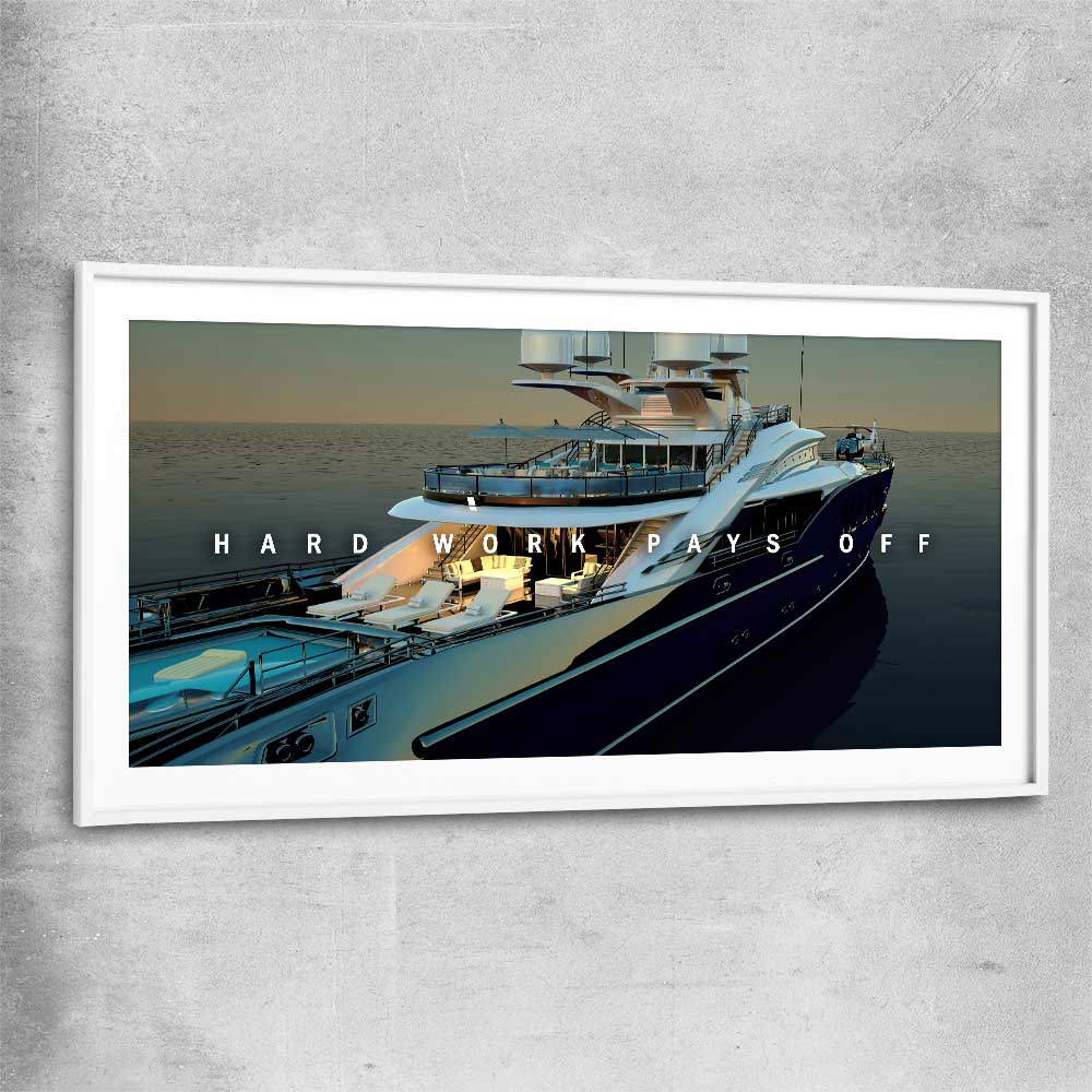 Hard Work Pays Off white glass front frame - part of our high quality fashion canvas wall art and prints collection