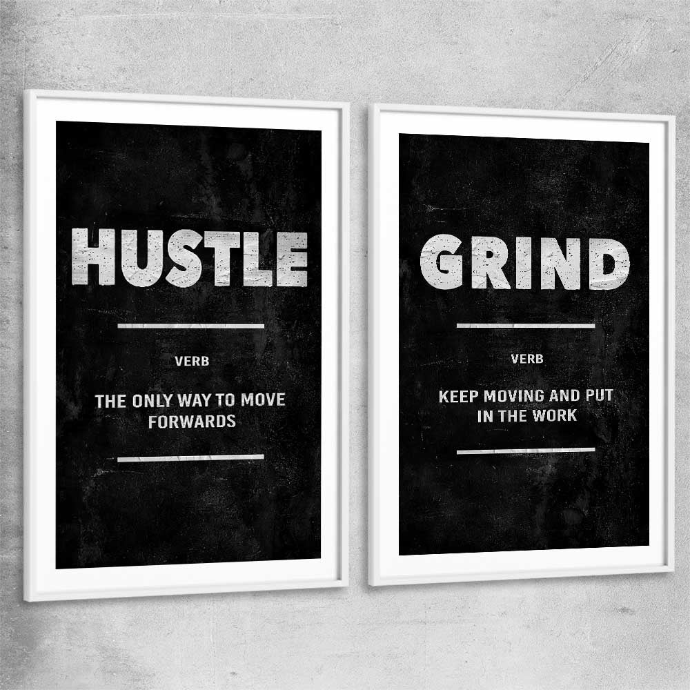 Inspirational wall art print of Hustle Definition Pair with white glass front frame