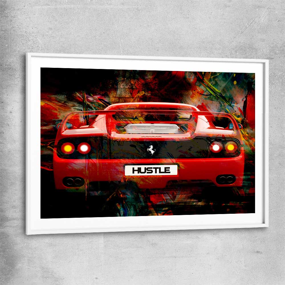 Inspirational wall art print of Hustle Fast with white glass front frame