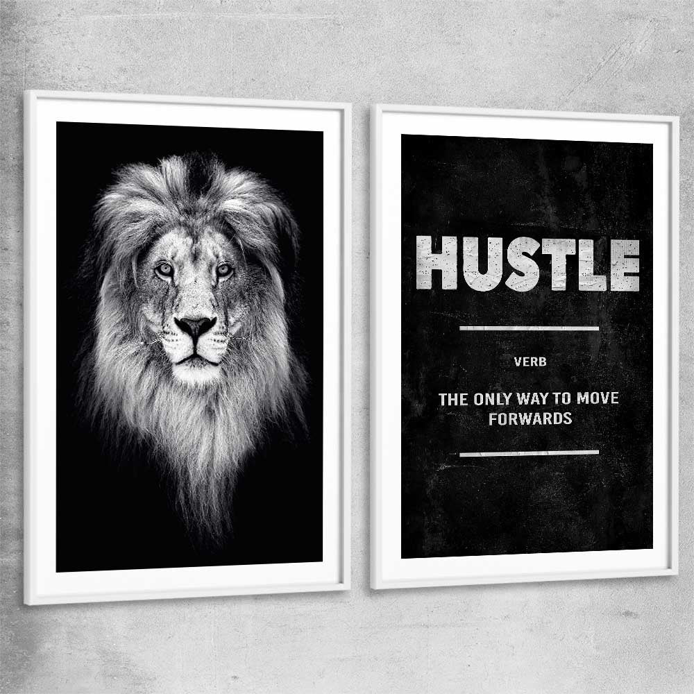 Inspirational wall art print of Lion Gaze Pair with white glass front frame