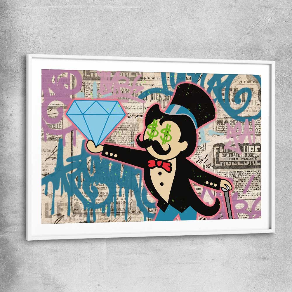 Inspirational wall art print of Moneybags Diamond with white glass front frame