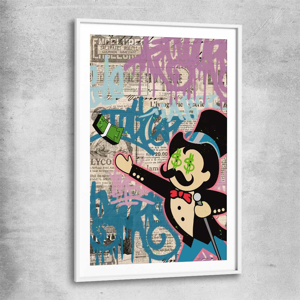 Moneybags Graffiti white glass front frame - part of our high quality fashion canvas wall art and prints collection