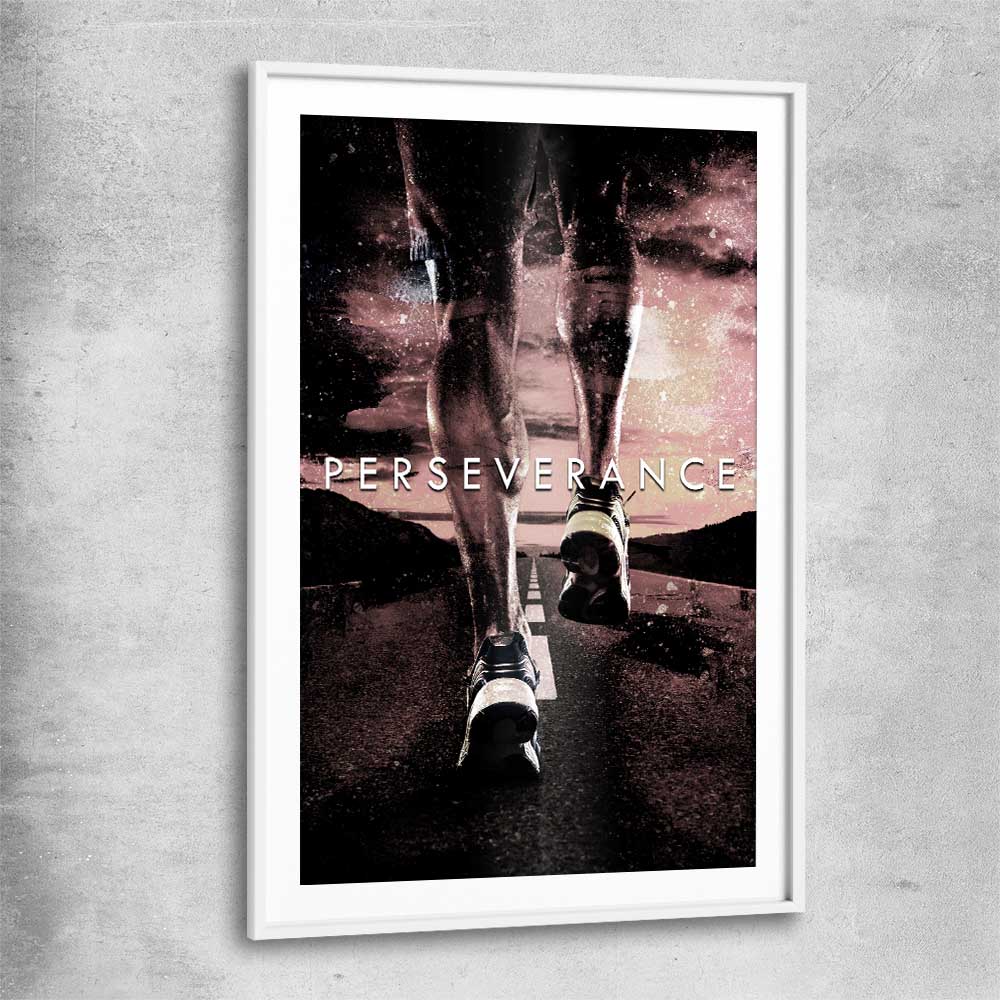 Inspirational wall art print of Perseverance with white glass front frame