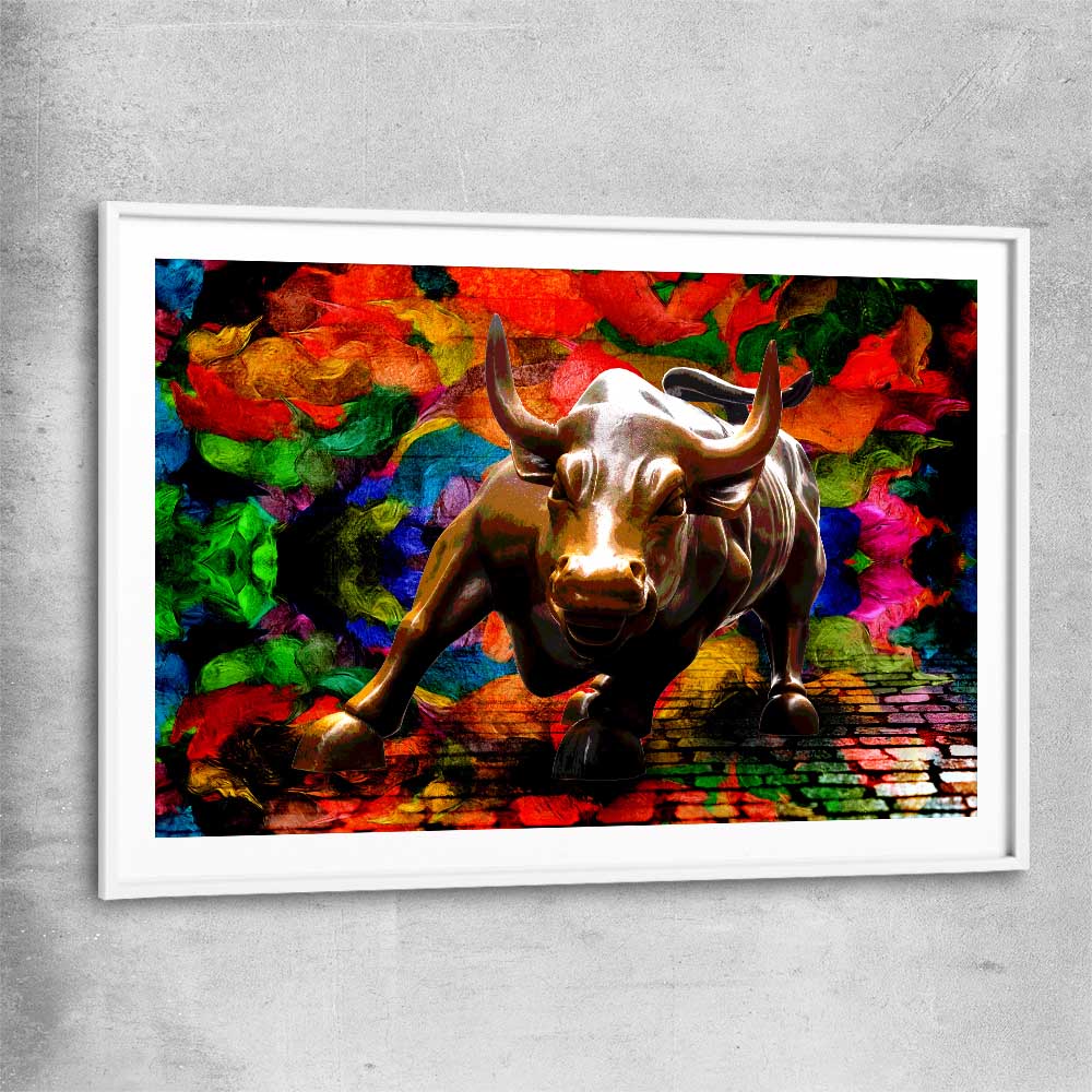 Inspirational wall art print of Raging Bull with white glass front frame