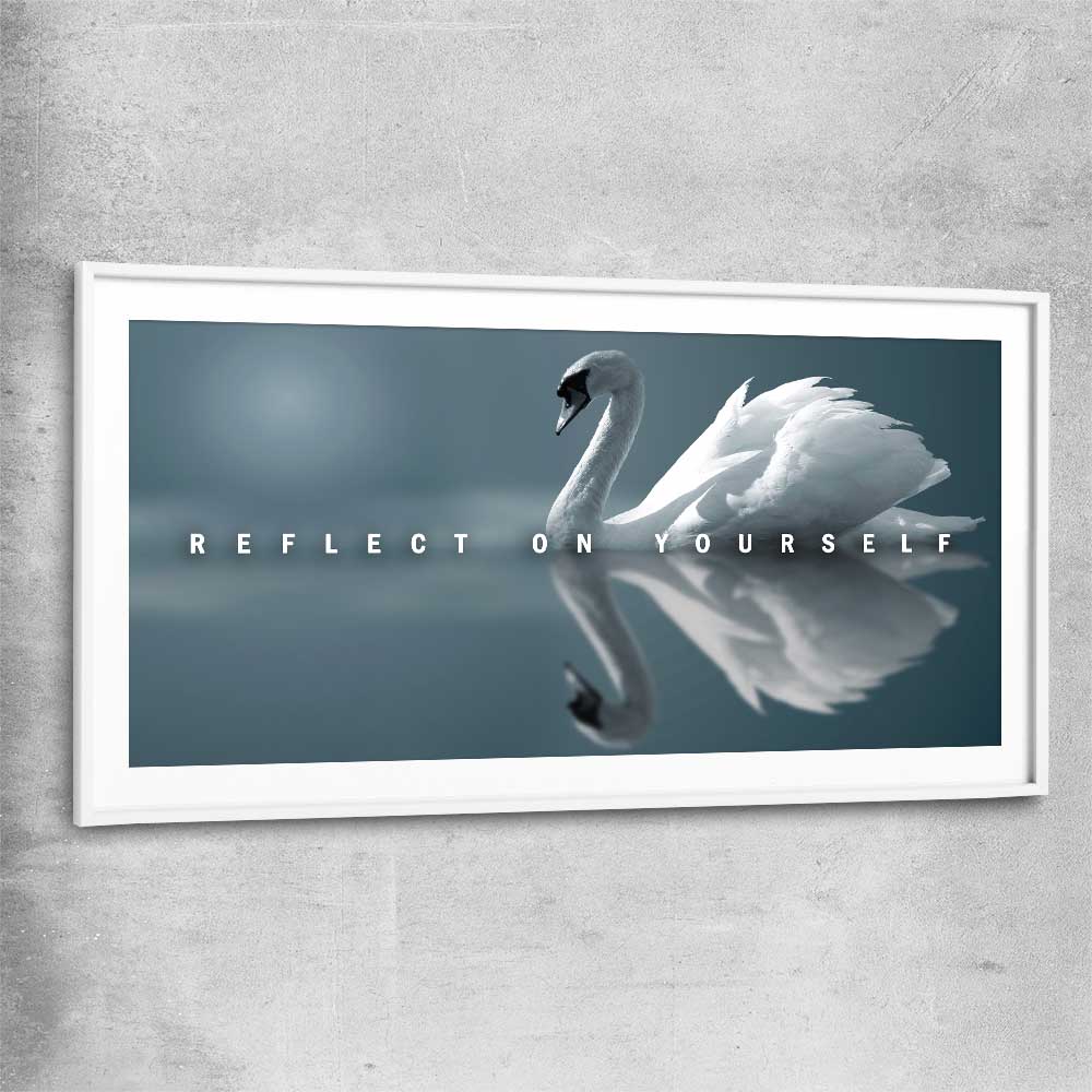 Reflect On Yourself white glass front frame - part of our high quality fashion canvas wall art and prints collection
