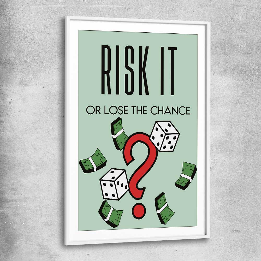 Inspirational wall art print of Roll the Dice with white glass front frame