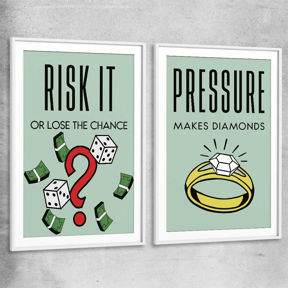 Inspirational wall art print of Roll the Dice Pair with white glass front frame