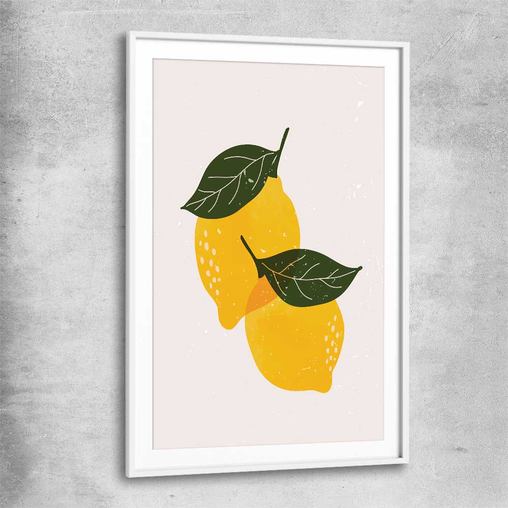 Yellow Lemon white glass front frame is a colourful and stylish canvas wall art and print suited for the kitchen area