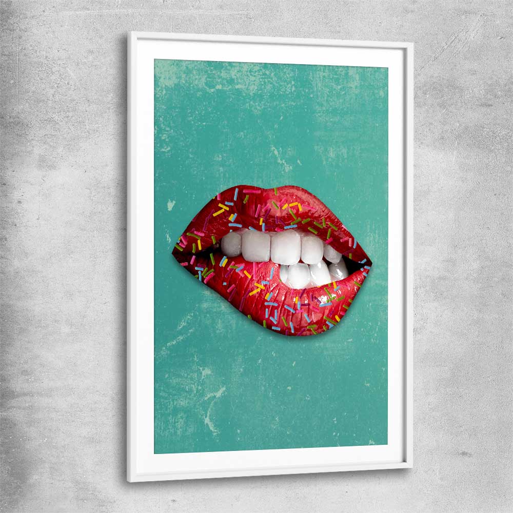 Candy Pop white glass front frame - part of our high quality canvas lips wall art collection
