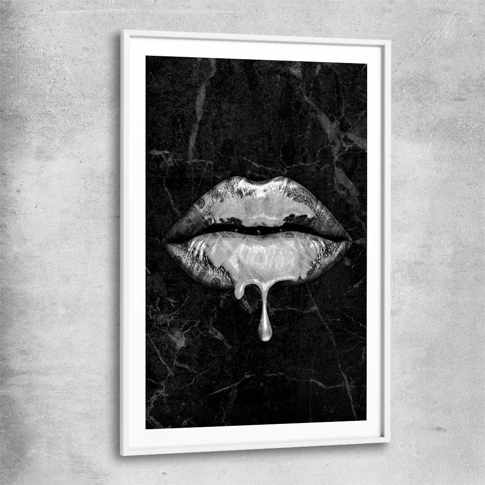 Darkened Lust white glass front frame - part of our high quality canvas lips wall art collection