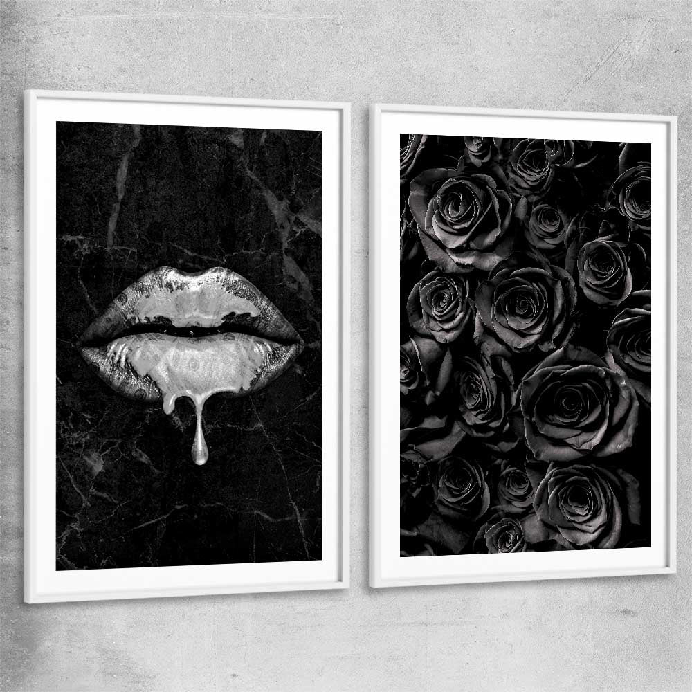 Darkened Lust Pair white glass front frame - part of our high quality canvas lips wall art collection