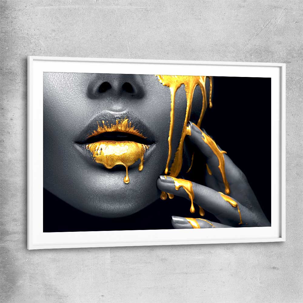 Golden Desire white glass front frame - part of our high quality canvas lips wall art collection