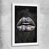 Money Lips white glass front frame - part of our high quality canvas lips wall art collection
