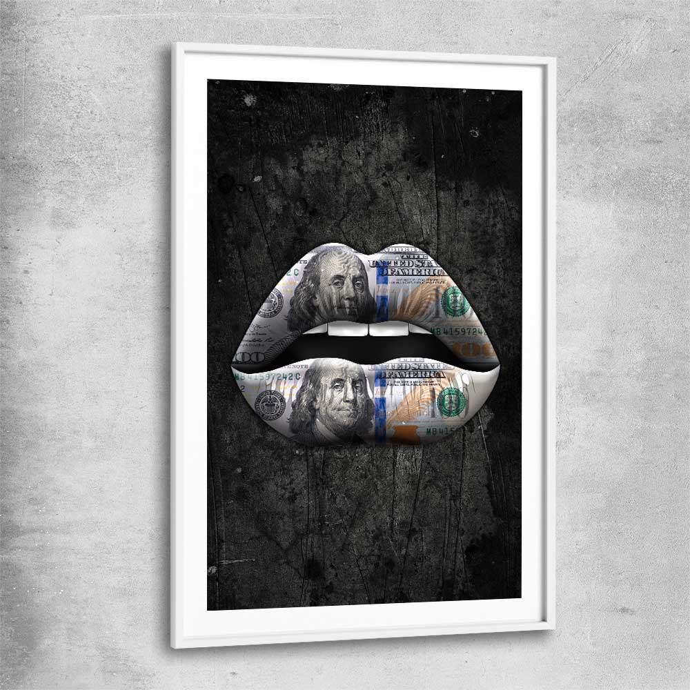 Money Lips white glass front frame - part of our high quality canvas lips wall art collection