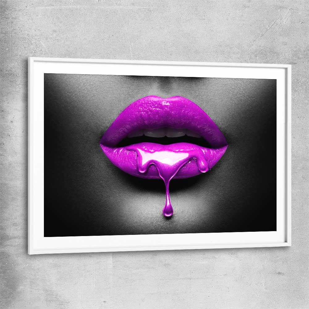 Purple Lust white glass front frame - part of our high quality canvas lips wall art collection