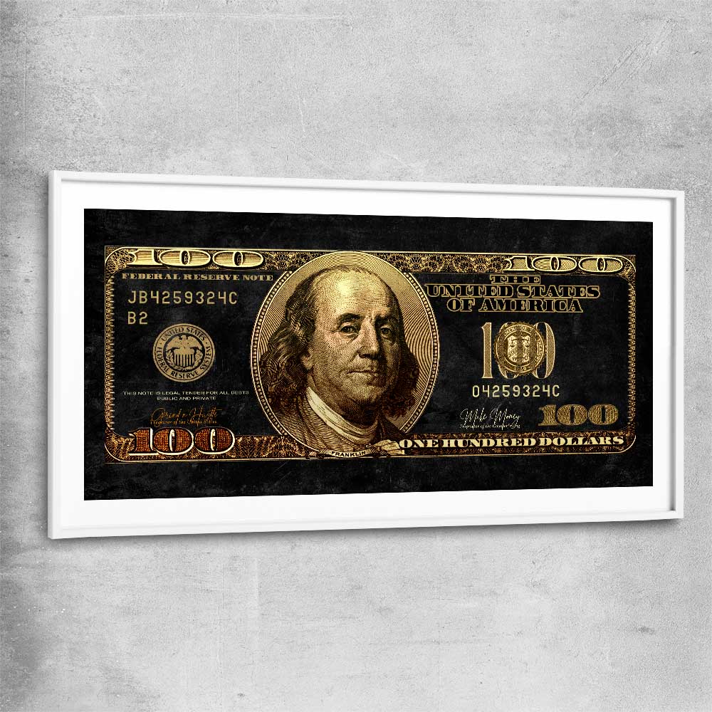 Money wall art print of Golden Bill with white glass front frame
