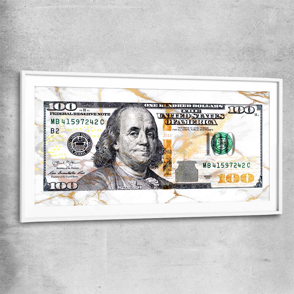 Money wall art print of Marble Bill with white glass front frame