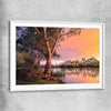 Floral print of Blissful River Sunset with white glass front frame