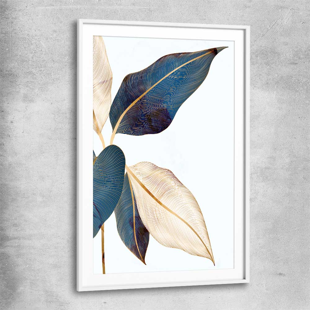 Floral print of Botanic Blue One with white glass front frame