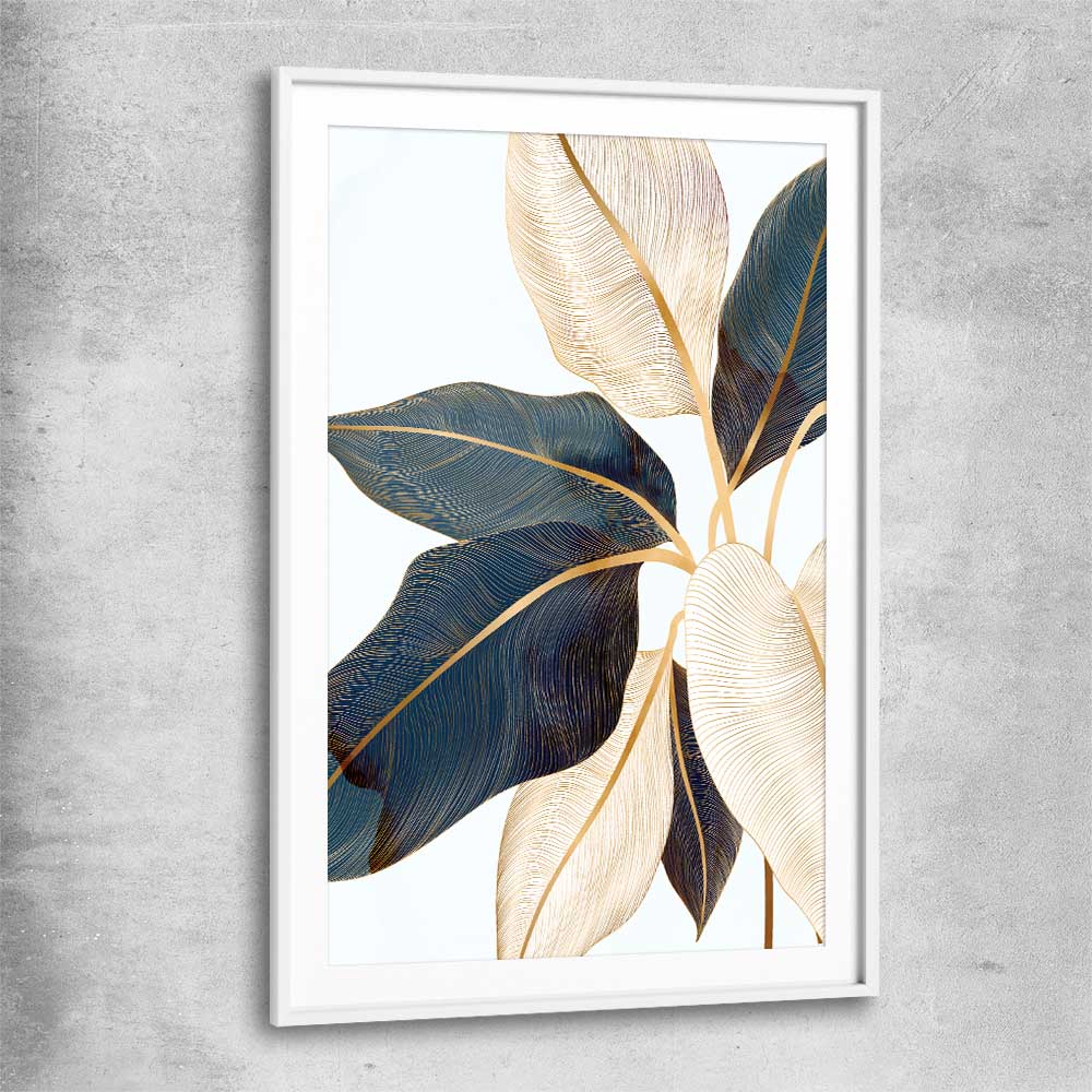 Floral print of Botanic Blue Three with white glass front frame