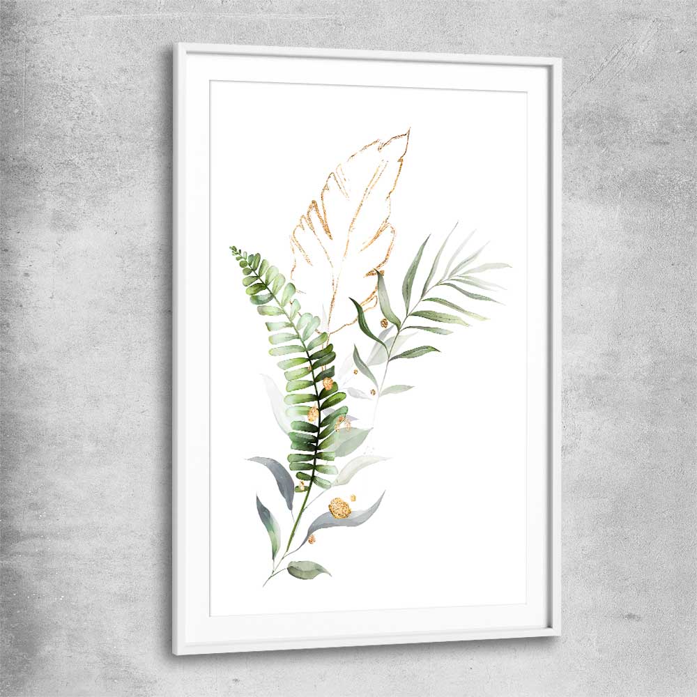 Floral print of Botanic Gold Two with white glass front frame