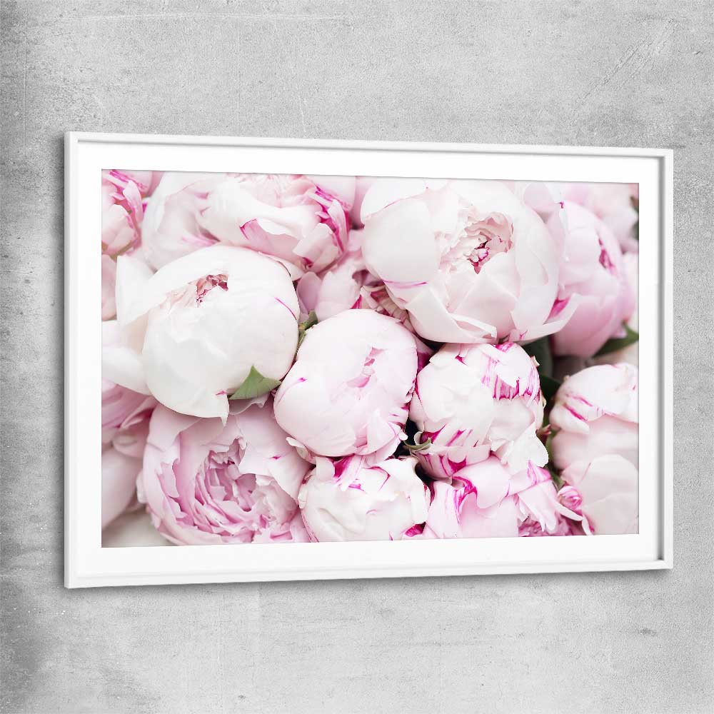 Floral print of Delicate Peonies with white glass front frame