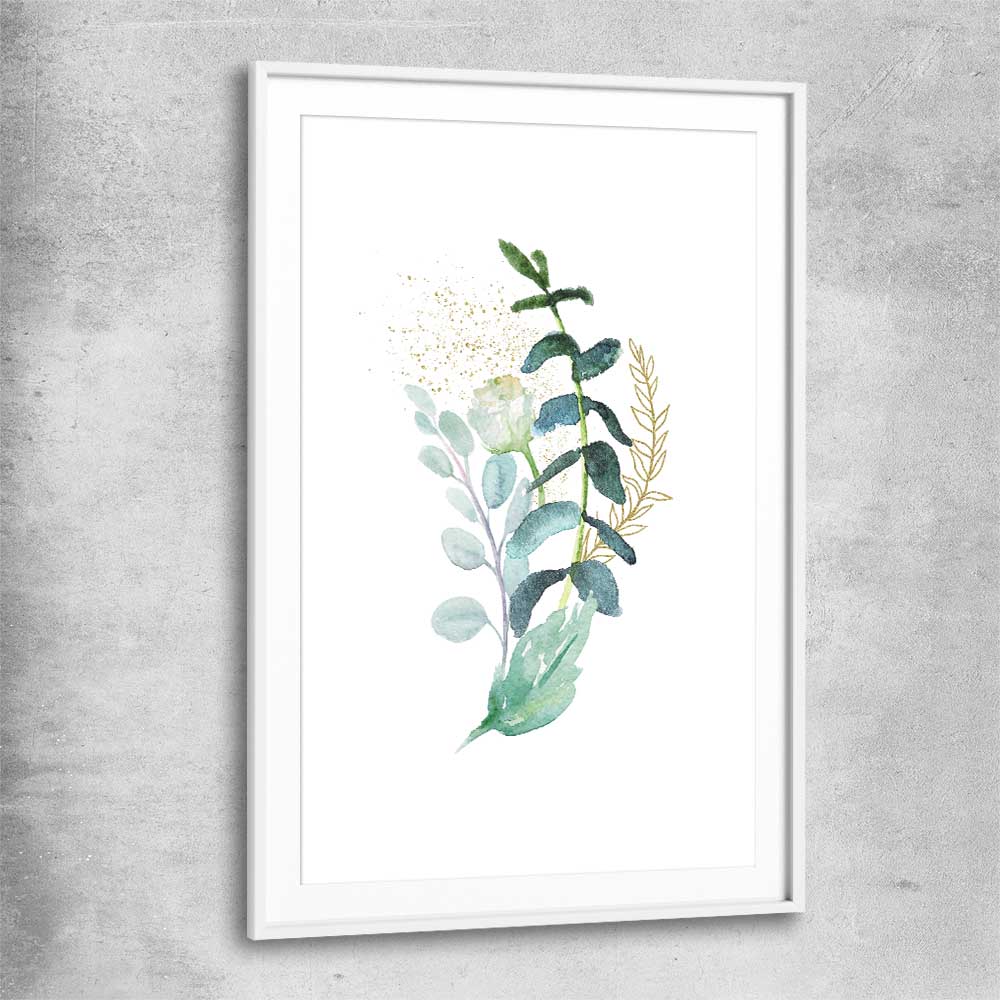 Floral print of Eucalyptus Bunch Three with white glass front frame