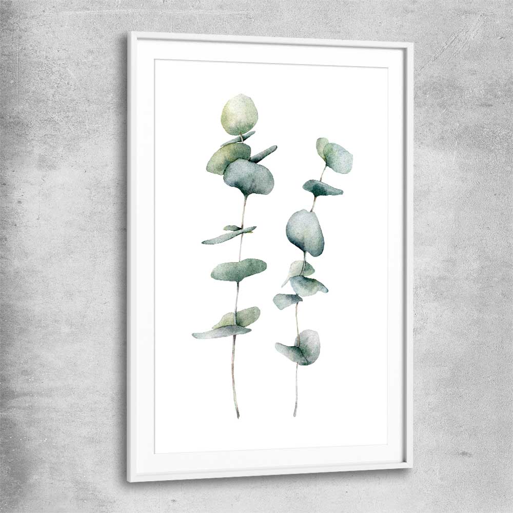 Floral print of Eucalyptus Three with white glass front frame
