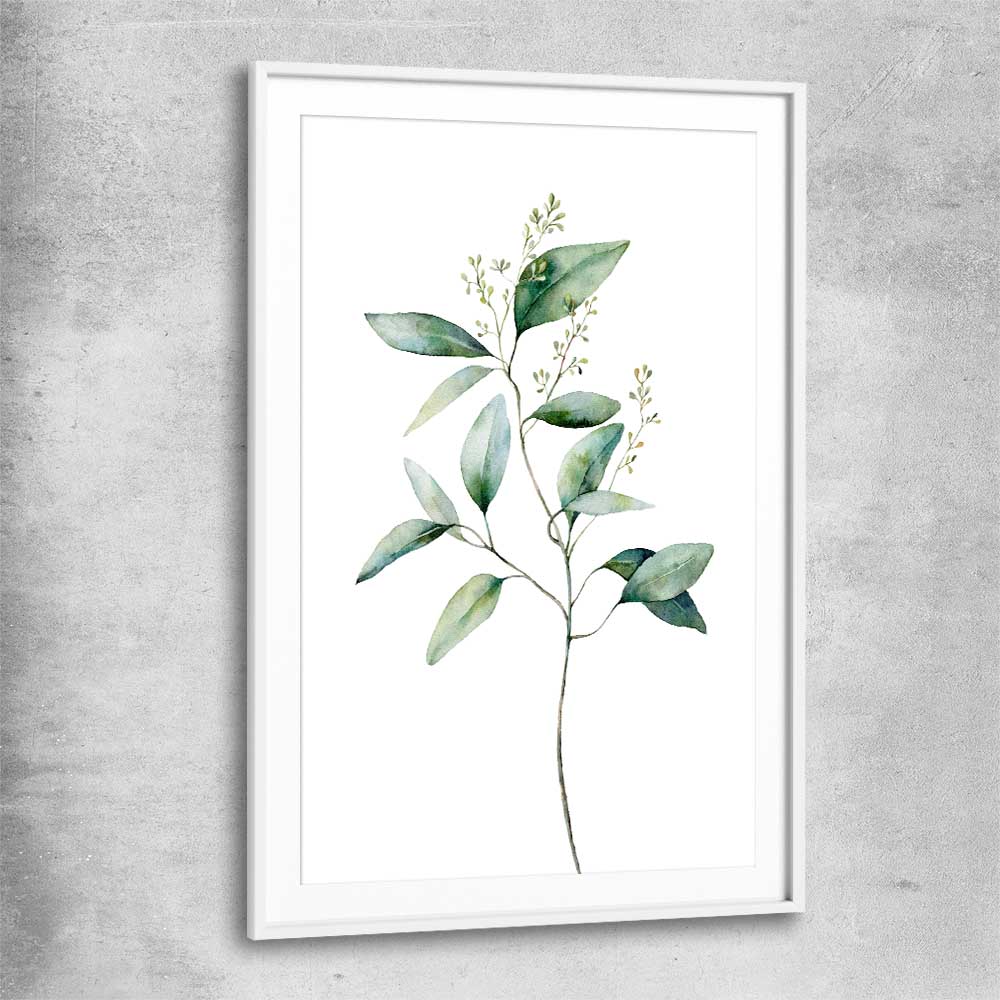 Floral print of Eucalyptus Two with white glass front frame