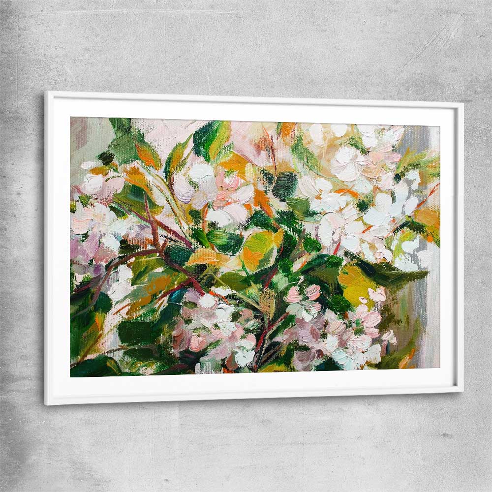 Floral print of Green Blossom with white glass front frame