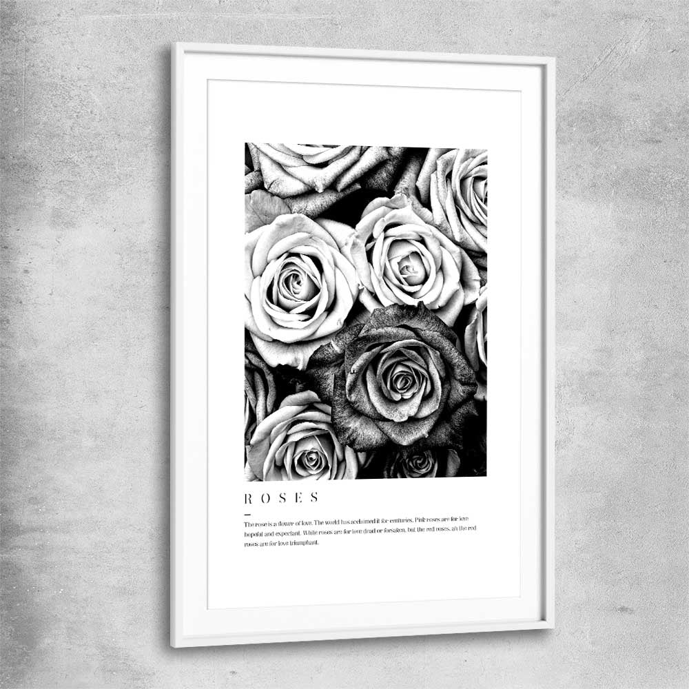 Floral print of Grey Flowers Typo with white glass front frame