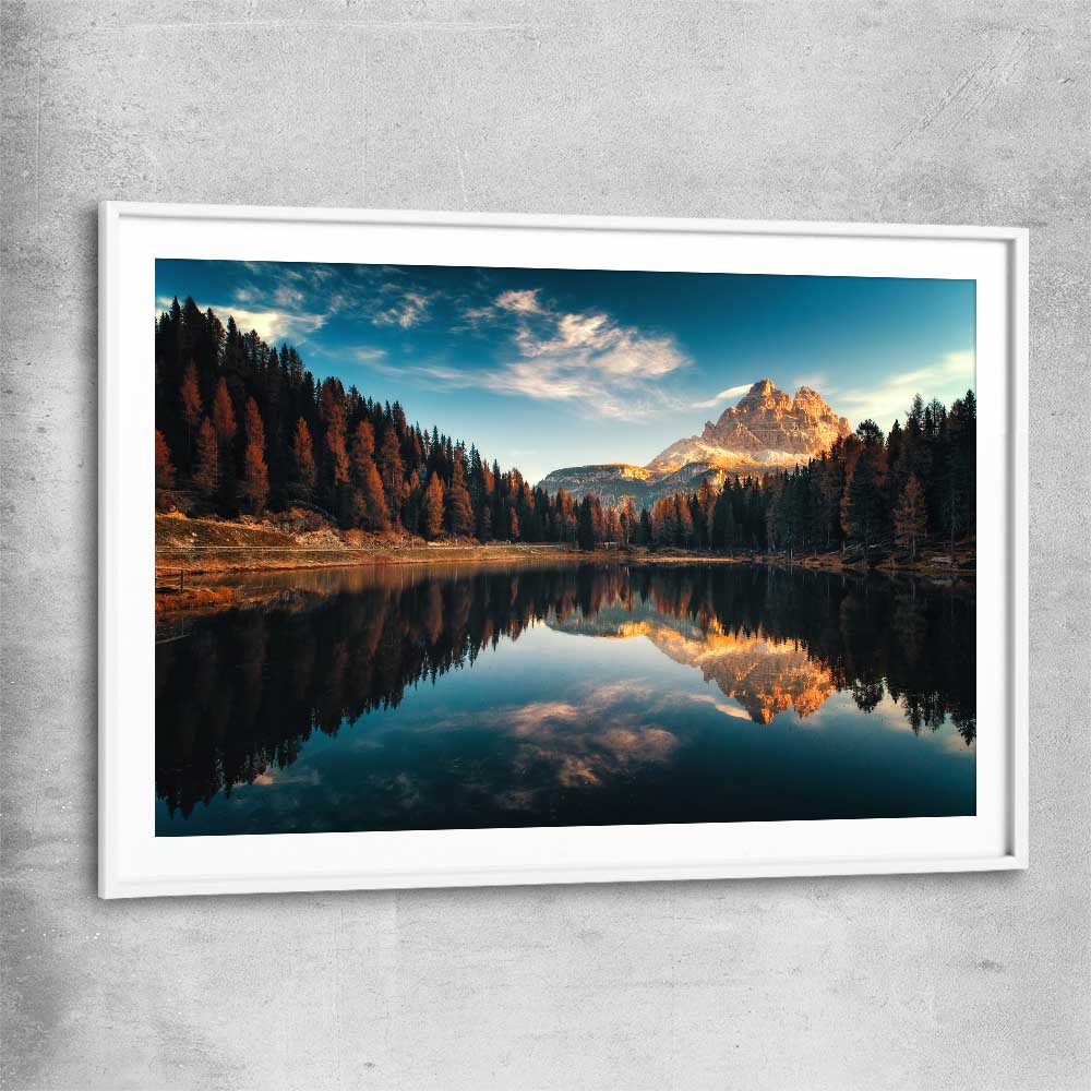 Floral print of Lago Antorno with white glass front frame