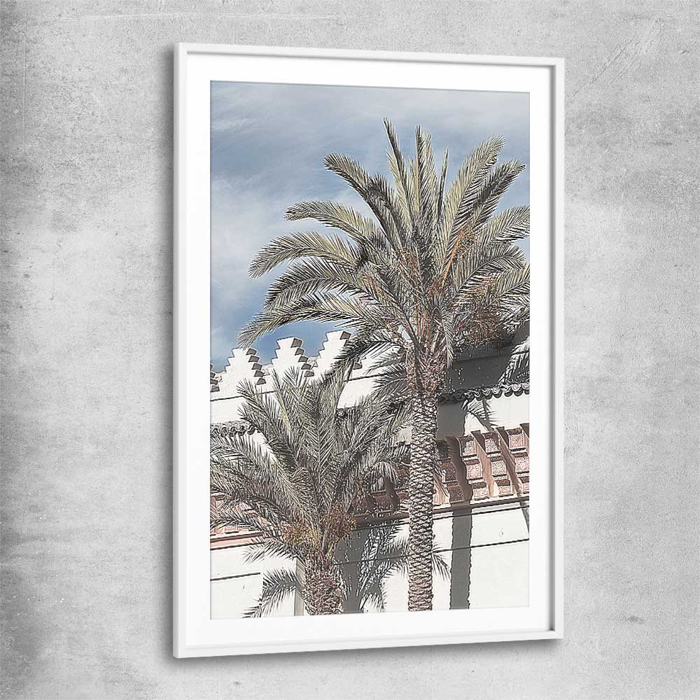 Floral print of Marrakesh Palms with white glass front frame
