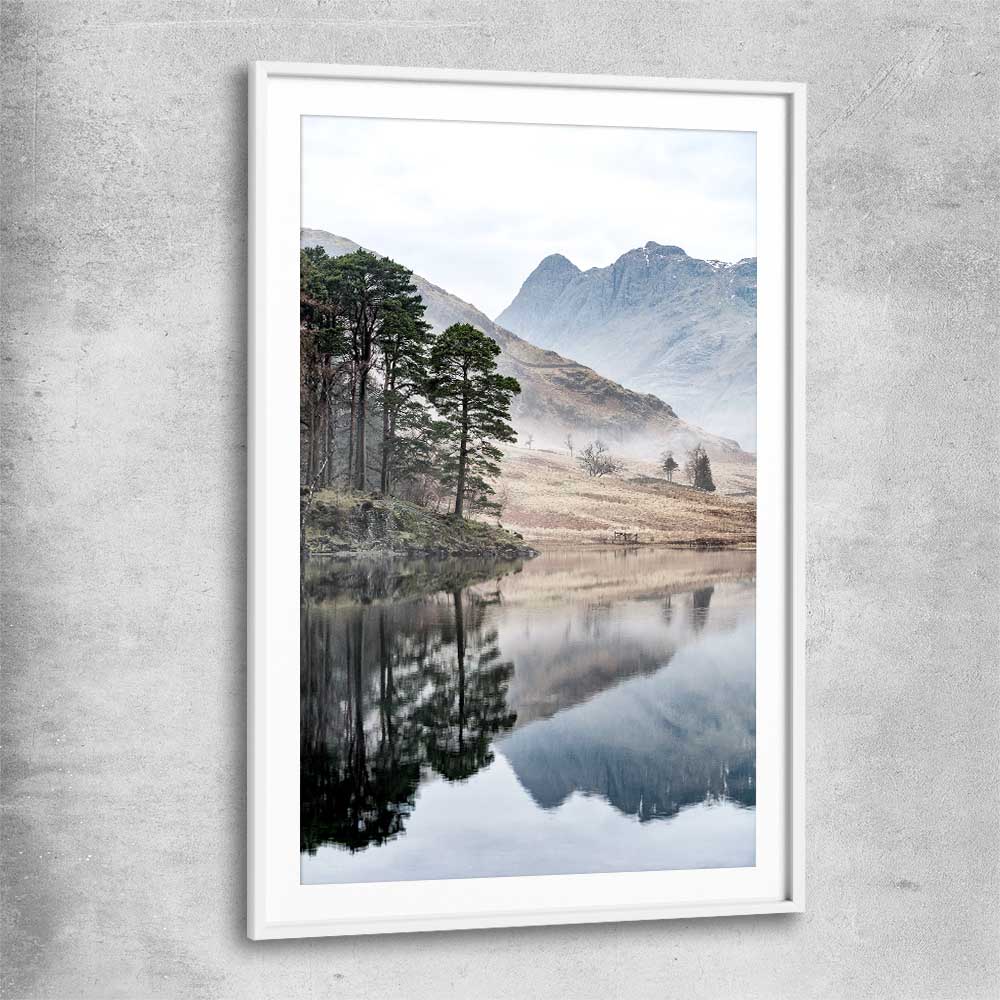 Floral print of Mountain Fog with white glass front frame